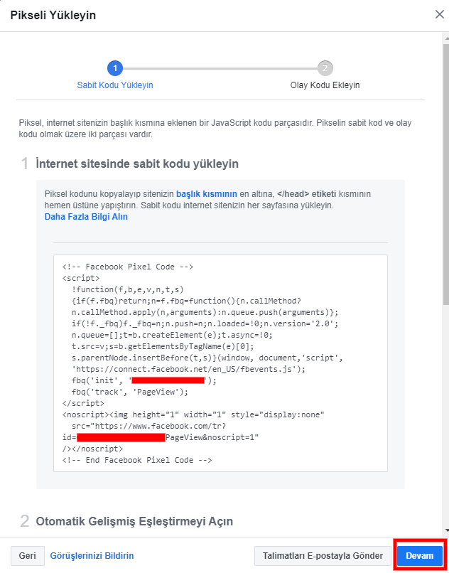Facebook Piksel Kodunu Yükleme